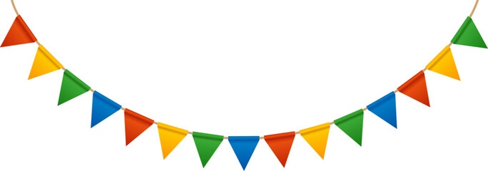 Obraz premium Festive Carnival garland and bunting. Colorful triangle flags on rope for decoration of party, holiday, event, festive, celebration. Colorful pennants for banner, flyer template Vector design element