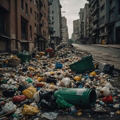 Fototapeta premium Accumulation of discarded waste, scattered trash covering the street, old buildings, and urban decay, creating a depiction of envi