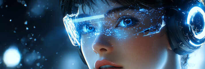 Close-up of a futuristic female AI assistant, holographic display