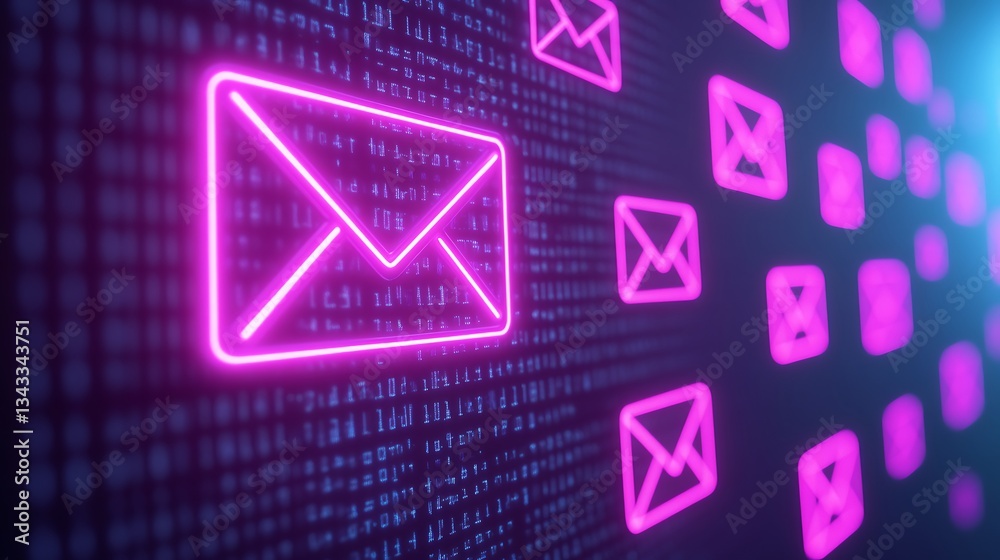 Poster Neon Email Icon Surrounded by Binary Code in a Digital Matrix Background for Modern Communication Concepts