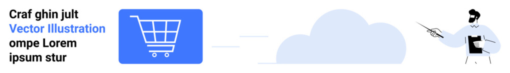 Shopping cart icon representing online purchase alongside cloud imagery and a person pointing, symbolizing data transfer, digital trends, and connectivity. Ideal for ecommerce, tech services, data