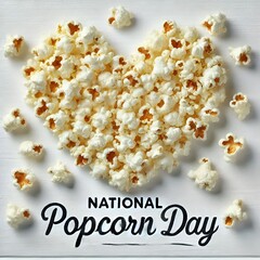A heart-shaped arrangement of golden popcorn with "National Popcorn Day" text below, celebrates the love for popcorn.