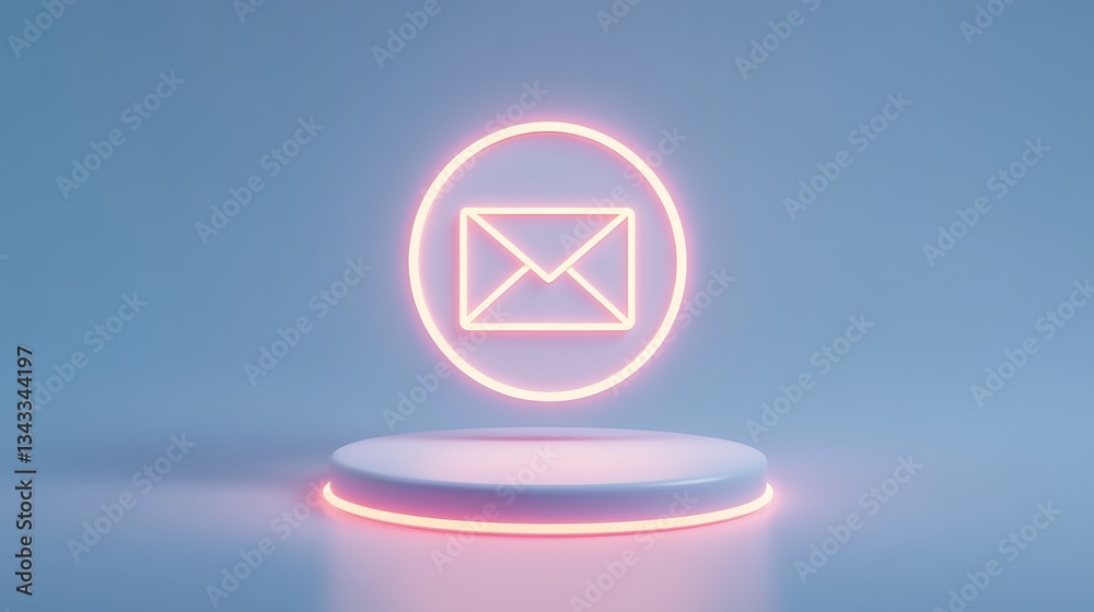 Poster neon email icon with circular frame and base in a soft blue background for digital communication con