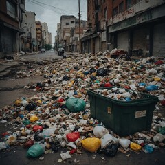 Overflowing Rubbish and Litter Piles in Derelict Urban Street Scene with Overfilled Dumpster