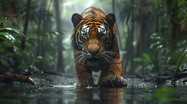 The tiger is a powerful, striped big cat known for its strength and agility. It has an orange coat with black stripes, aiding in camouflage. As a top predator, it hunts deer and wild boar. Found in fo