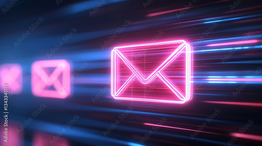 Poster neon email icon with light trails representing digital communication and connection in a modern styl