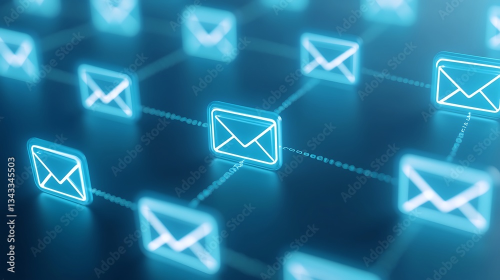 Poster neon email icons connected by lines on dark background representing communication and digital intera