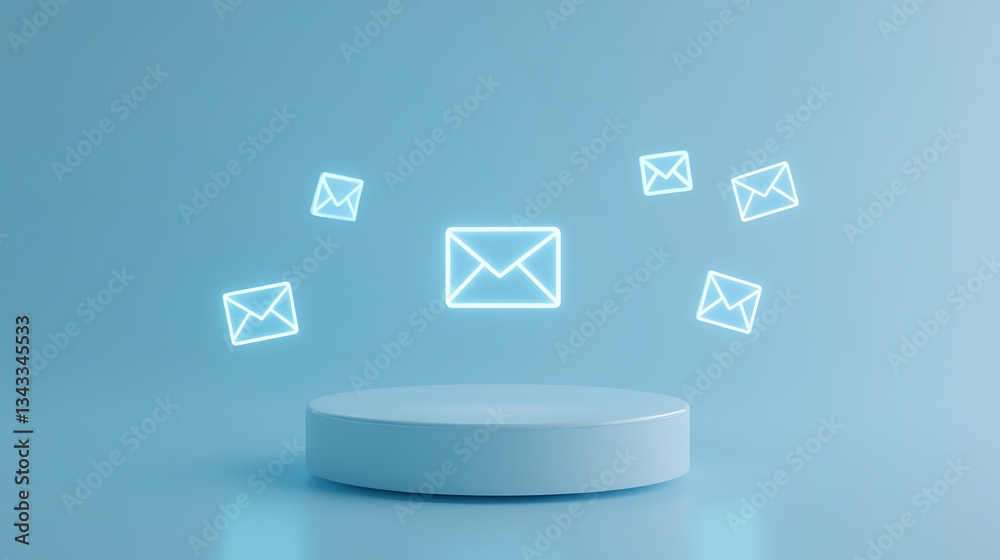 Poster neon email icons floating above a minimalistic display platform in a soft blue background