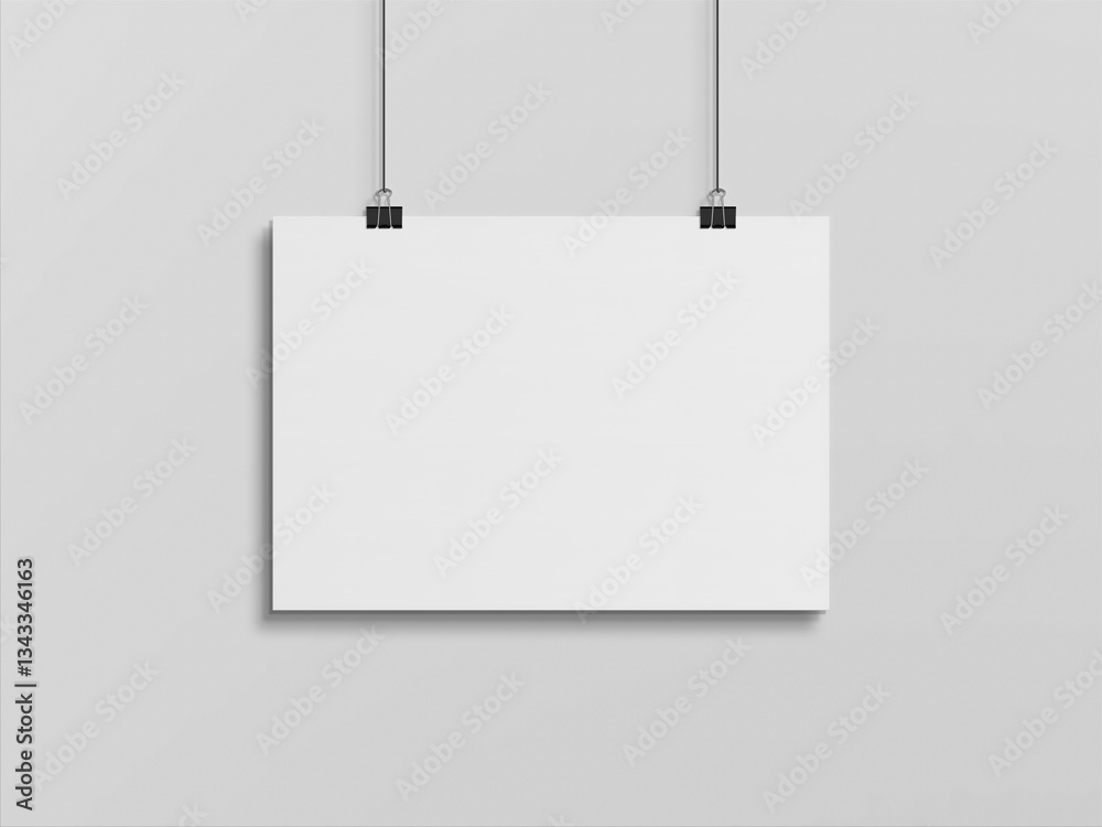Poster blank horizontal poster hanging with clips on a white wall mockup. 3d rendering