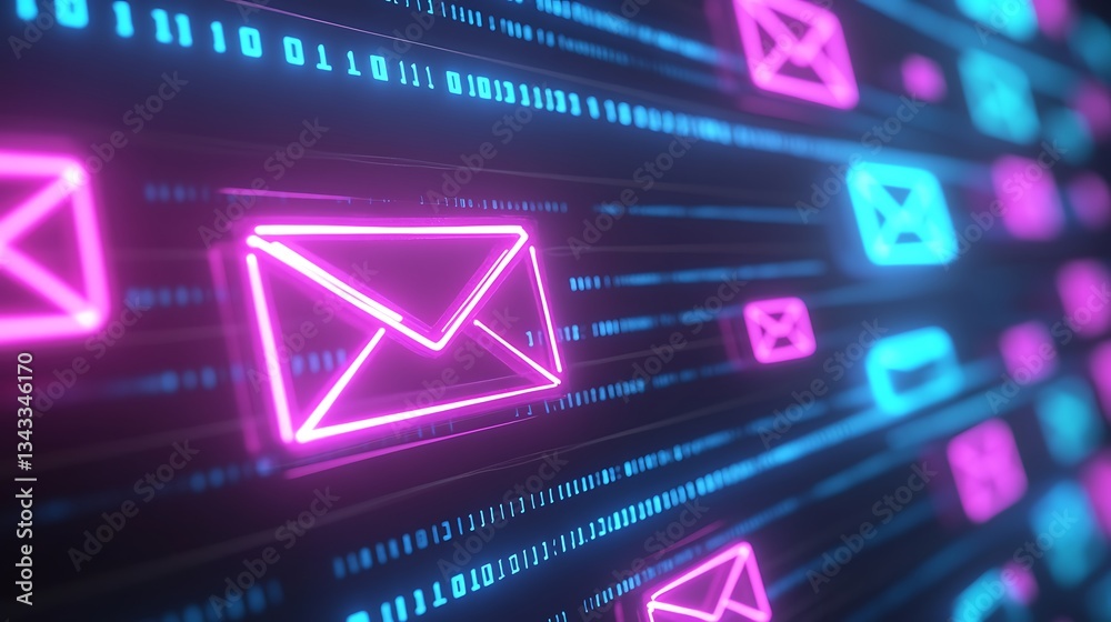 Poster Neon Email Icons on a Digital Background with Binary Code and Colorful Lights