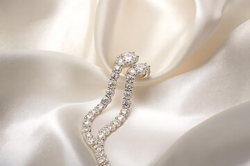 A cascading diamond ring design complemented by a waterfall diamond necklace, elegantly styled on a white silk backdrop.