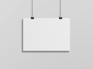 Blank horizontal poster hanging with clips on a white wall Mockup. 3D rendering