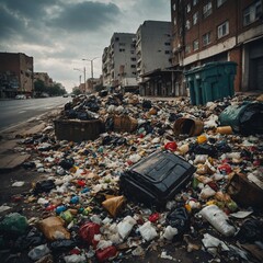 Overflowing Waste: An Urban Landfill Scene with Dilapidated Buildings under a Stormy Sky