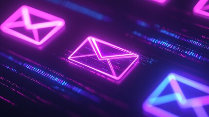Fototapeta premium Neon Email Icons on Digital Background with Colorful Light Effects and Glowing Animation Elements