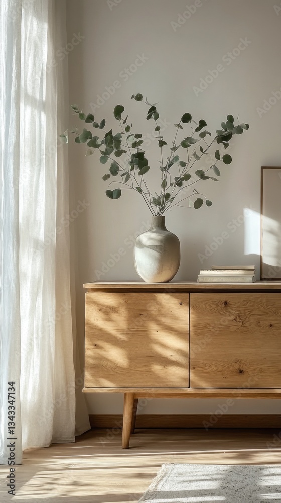 Poster A serene moment in a sunlit room captures a stylish wooden piece adorned with a beautiful vase filled with delicate greenery. Soft curtains gently diffuse the light, creating an inviting atmosphere