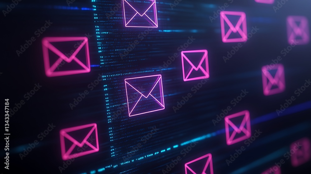 Poster Neon Email Icons with Binary Code Background for Digital Communication Concept Art