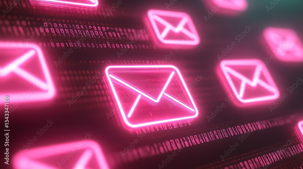 Poster Neon Email Icons with Binary Code Background Digital Communication and Technology Concept
