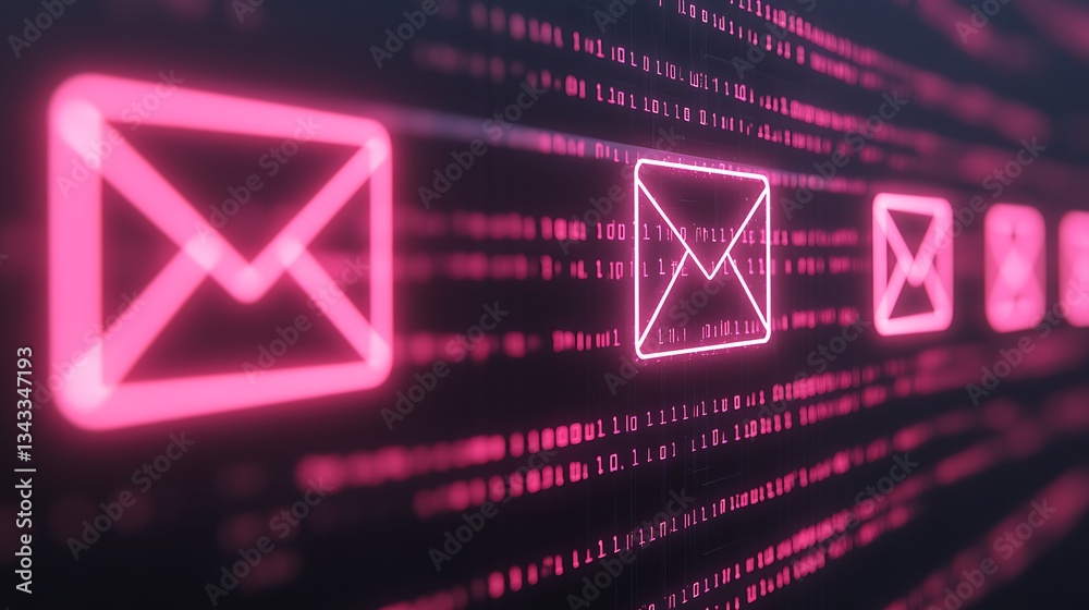 Poster neon email icons with binary code background for digital communication concept in modern technology
