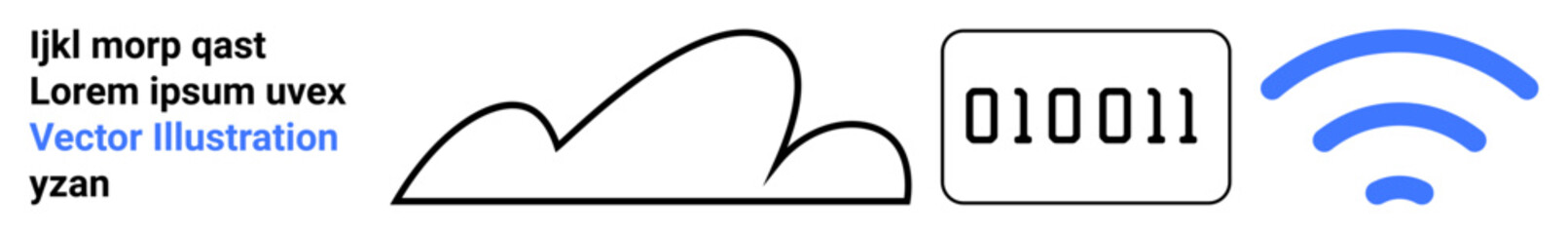 Abstract cloud, binary code rectangle, and blue wireless signal icon. Ideal for technology, innovation, data, communication, internet, networking and simple landing page