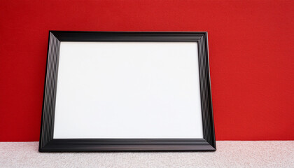 Empty white picture canvas with black wooden frame leaning on wall. Blank poster. Mock-up.