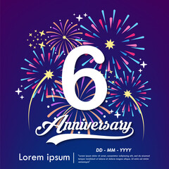 6th years anniversary celebration emblem. Happy anniversary logo with fireworks, sparkle, twinkle and stars. vector illustration template for web, flyers, poster, invitation card, greeting card	
