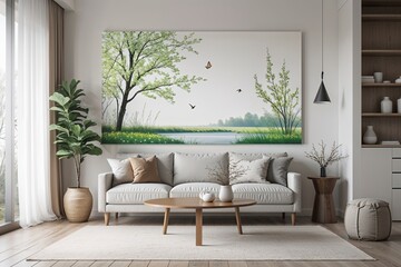 Serene Spring Landscape with Crisp White Canvas and Modern Minimalist Decor for Stylish Interiors