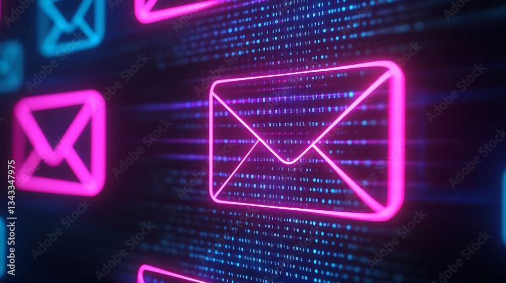Poster neon email icons with glowing background and digital binary pattern for modern communication concept