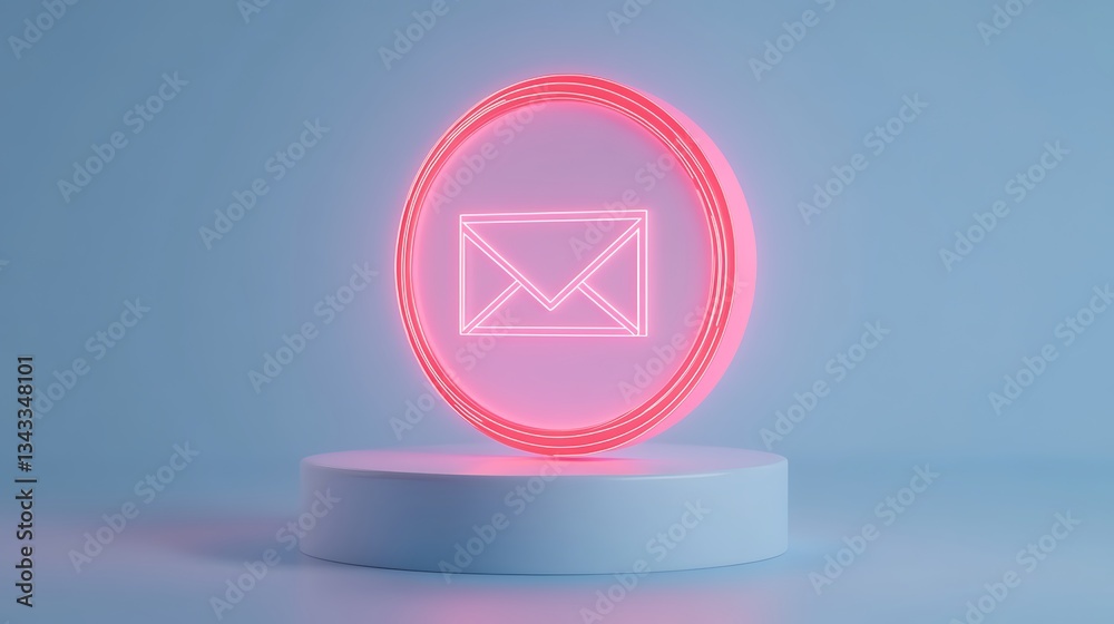 Poster neon email notification icon in circular design with soft blue background for digital communication 