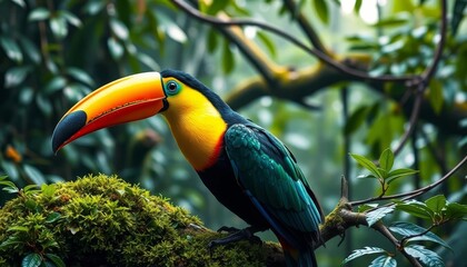 Fototapeta premium A Vibrant Toucan Perched on a Mossy Branch in a Lush Tropical Forest