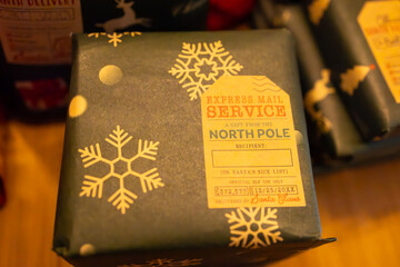 A close-up of a festive Christmas present wrapped in dark green paper decorated with gold snowflakes and a whimsical &ldquo;Express Mail Service from the North Pole&rdquo; label. 
