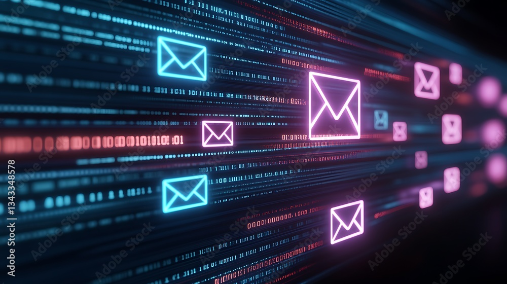 Poster Neon Emails on Digital Background with Binary Data Flowing Through Virtual Space
