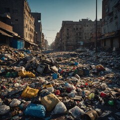 Decayed City Streetscape Overwhelmed by Overflowing Piles of Trash and Waste, Illustrating Environmental Neglect and Urban Decay