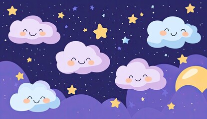 Cute clouds and stars in the night sky