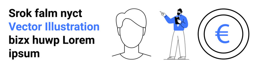 Male presenter in blue, minimal head outline, and euro currency icon. Ideal for finance, education, consulting, economics, presentation, profile design and simple landing page