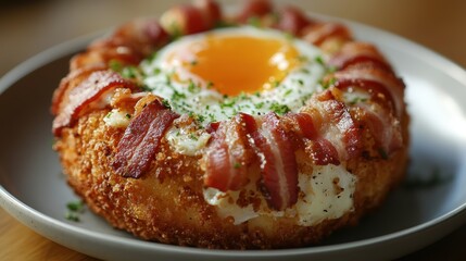 A golden halo of fried eggs cradled by crispy strips of bacon, ready to be enjoyed as the perfect start to the day.
