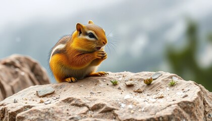 Fototapeta premium A small, vibrant orange chipmunk sits perched atop a rocky outcrop, delicately holding a morsel of food in its paws, enjoying a quiet moment amidst a serene natural landscape.