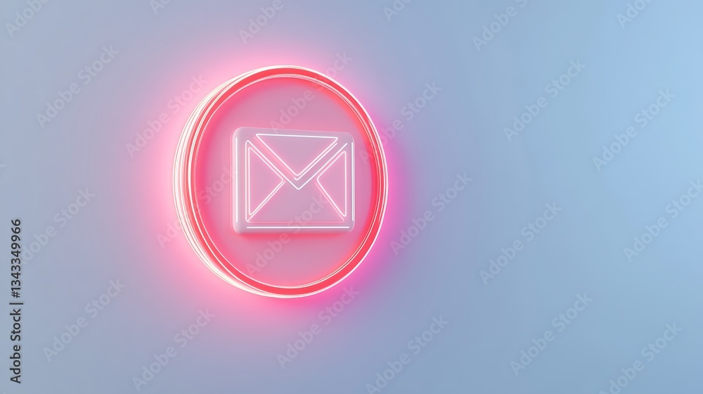 Poster neon light email icon in abstract circular frame on minimalist background for digital communication 