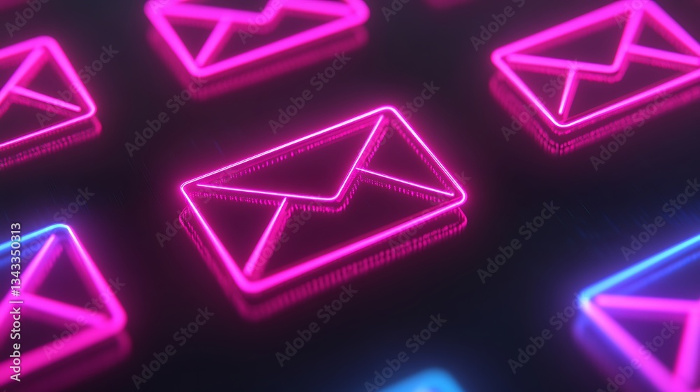 Wall mural neon light representation of envelopes for digital communication and messaging concepts
