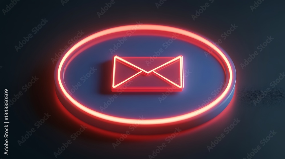 Poster neon mail icon in circular design with glowing effect on dark background for web communication conce