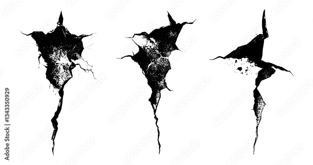 Poster cracks spread across an ancient wall, revealing the passage of time and the fragility of structure