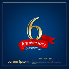 6th years anniversary celebration emblem. elegant golden anniversary logo isolated with red ribbon on dark blue background. vector illustration template design for web, flyers, poster, greeting card	