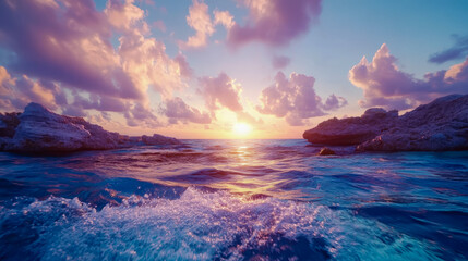 Obraz premium Calm seascape: Sunset at horizon with water and rocks