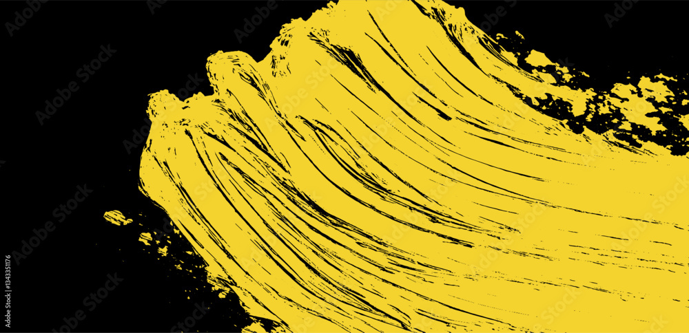 Poster Vibrant brushstroke waves create a dynamic dance of yellow against a deep black canvas in this abstract composition filled with energy