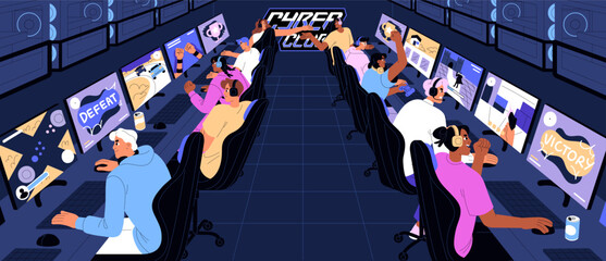 Group of gamers plays video games in cybersport club. Videogame players have fun at computer. People spend leisure time in room for cyber events, online championship, matches. Flat vector illustration © Paper Trident