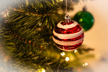 Close-Up of Christmas Tree Branch with Red and White Ornament