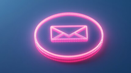 Fototapeta premium Neon Pink Email Icon with Circular Background on Abstract Blue Gradient Design for Digital Communication Concepts