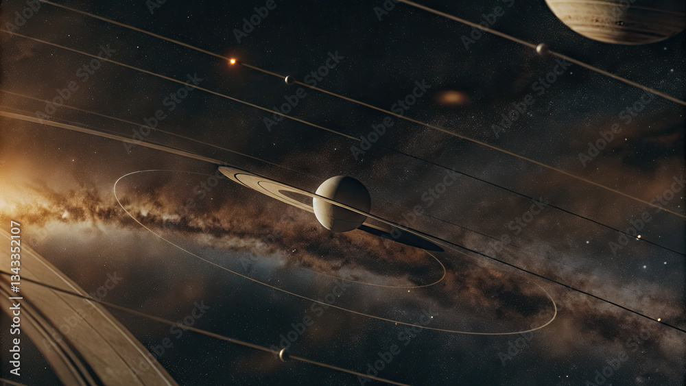 Wall mural a glowing planetary disk floating in deep space, surrounded by cosmic nebulae and distant stars, off