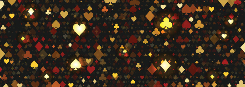 casino background, dark gold, red brown, black wallpaper, clover, club, tile , diamond , heart , pike , spade , fancy backdrop for casino business, vector illustration
