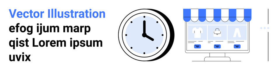 Clock and storefront interface with product icons and email prompts. Ideal for e-commerce, time management, online shopping, business efficiency, retail, marketing, and simple landing page