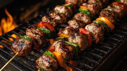 A tantalizing array of grilled skewers, adorned with colorful vegetables and savory meats, sizzle over an open flame, promising a symphony of flavors and textures.